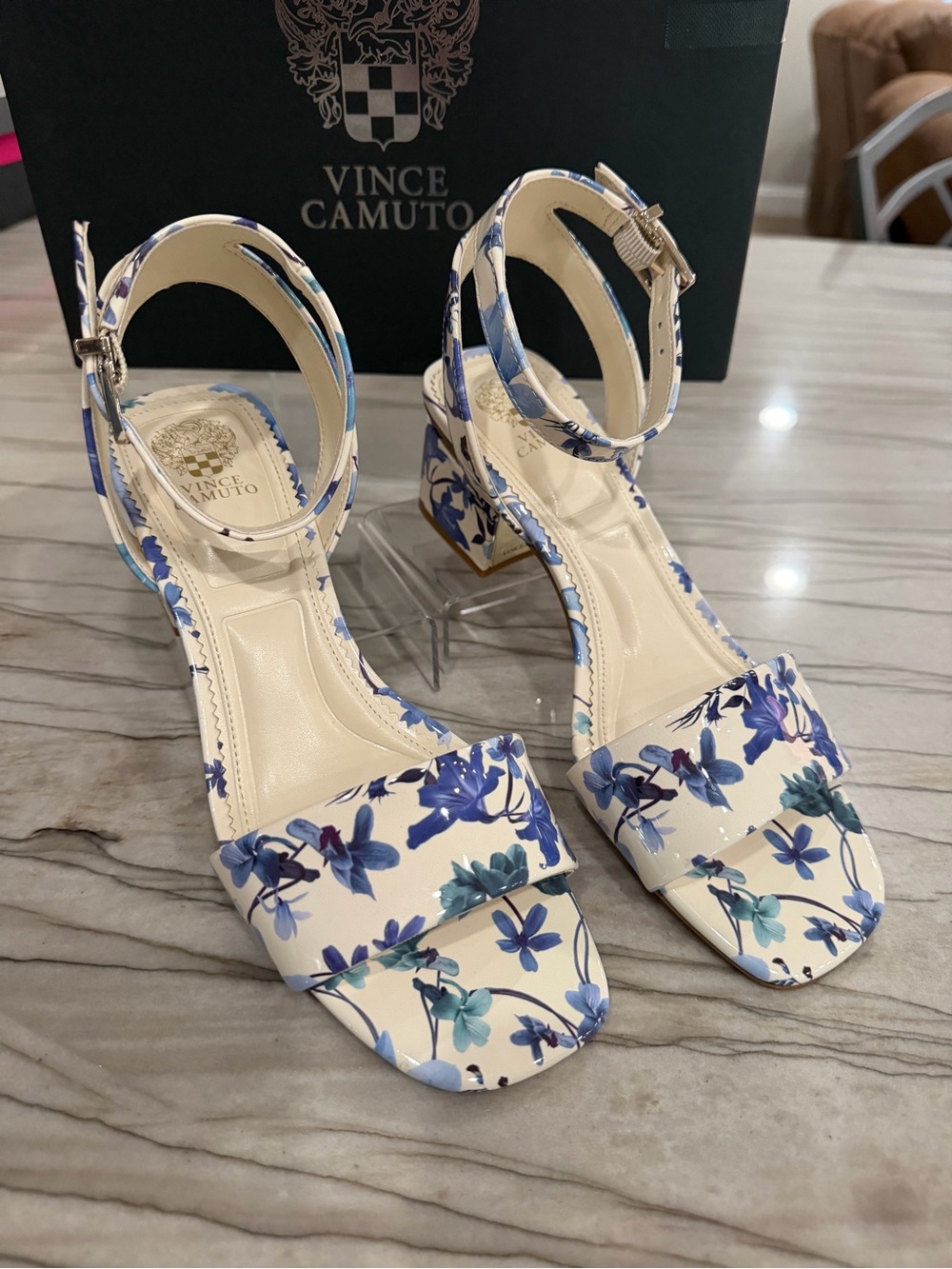Vince Camuto White Floral Block Heel Sandals with Blue Flowers